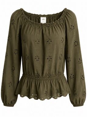 H&M Olive Eyelet Off-the-Shoulder Peplum Blouse | Boho Chic